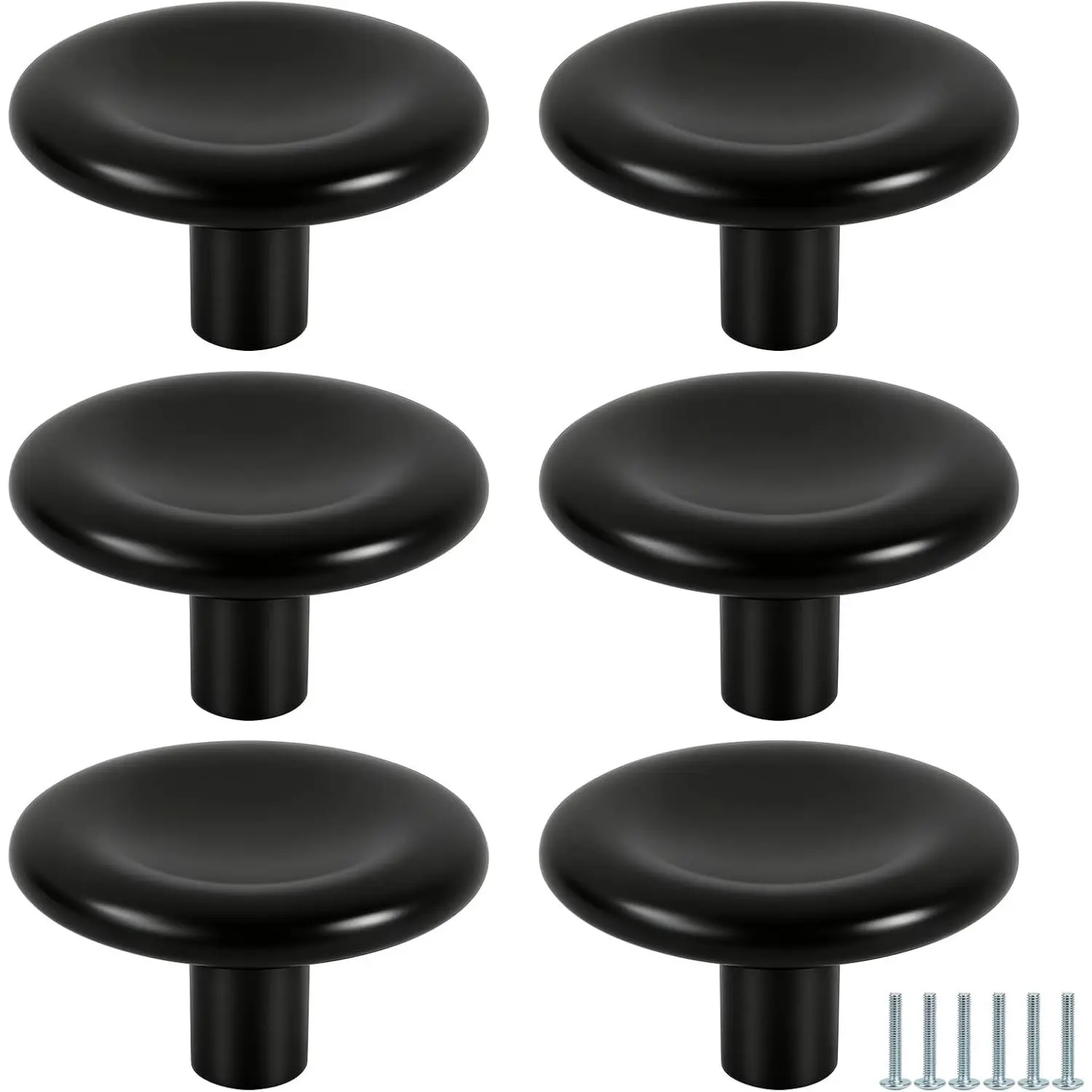 Round Matte Black UFO Mushroom Cabinet Knobs, 1.96" Single Hole Solid Zinc Alloy Knobs, Fingerprint & Rust Resistant with Multiple Size Screws, 6 Pack for Kitchen Bathroom Dresser Wardrobe