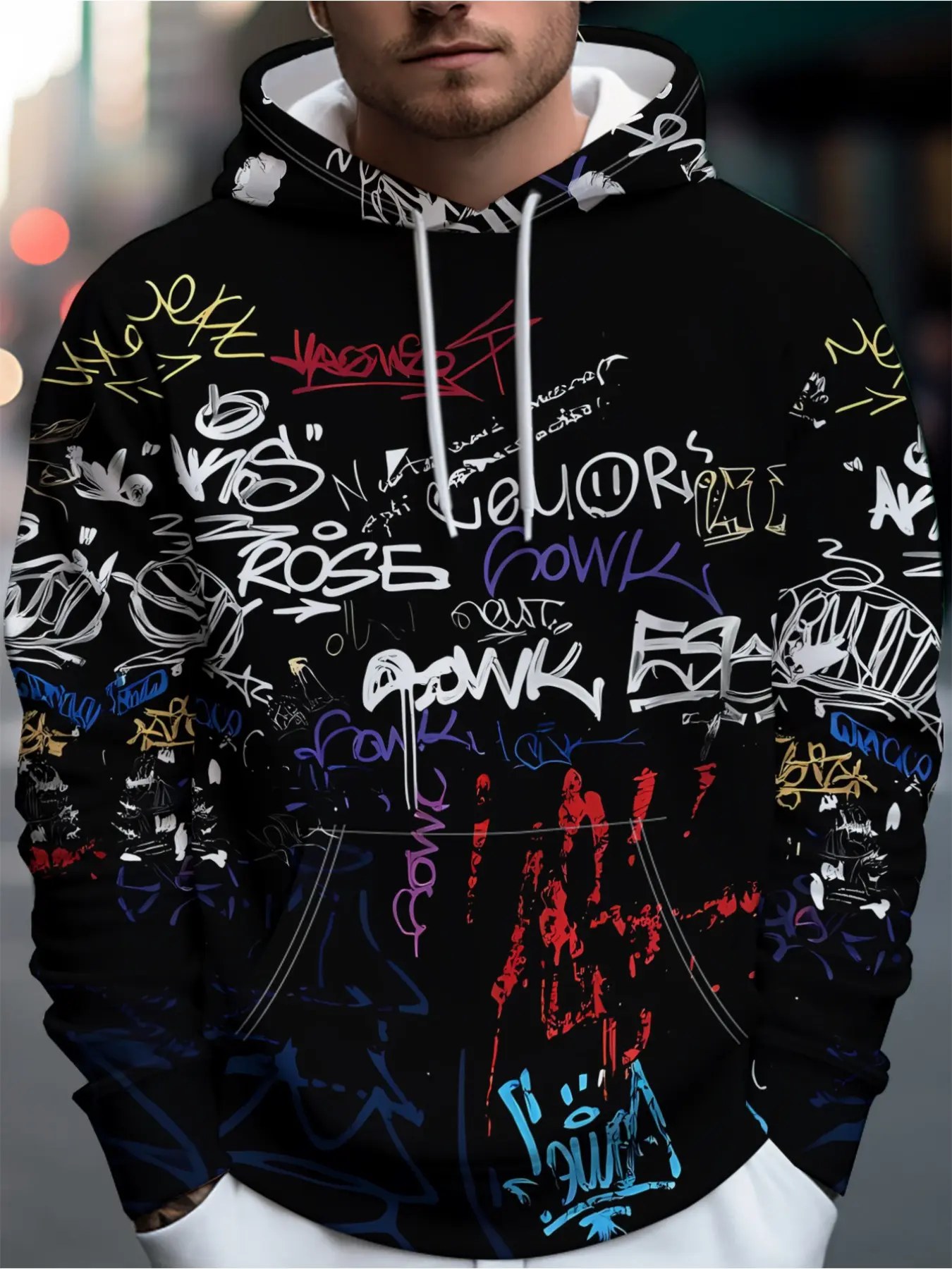 Men's casual hooded shirt. This is a graffiti artwork. On a black background, there are various colorful graffiti words. It can be worn for daily outings and casual gatherings. A loose-fitting pullover hoodie.