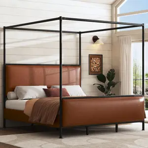 [Bellemave] King Size Canopy Bed Frame, Brown PU Upholstered Headboard, Black Iron Metal Bed Frame