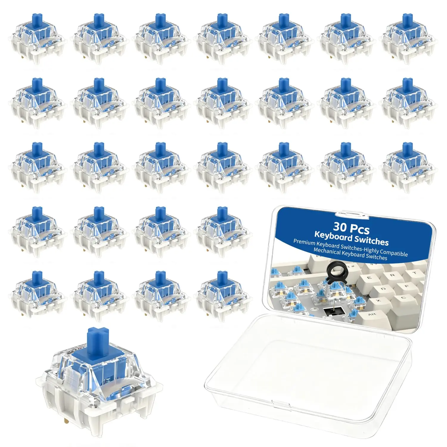 30 count Keyboard Switches, 3 Pin  Mechanical Keyboard Switches, Clicky, Accurate Typing, Keyboard Clicker for Gaming, Typing, DIY Custom Keyboards & Clickers for  Prints (Blue)