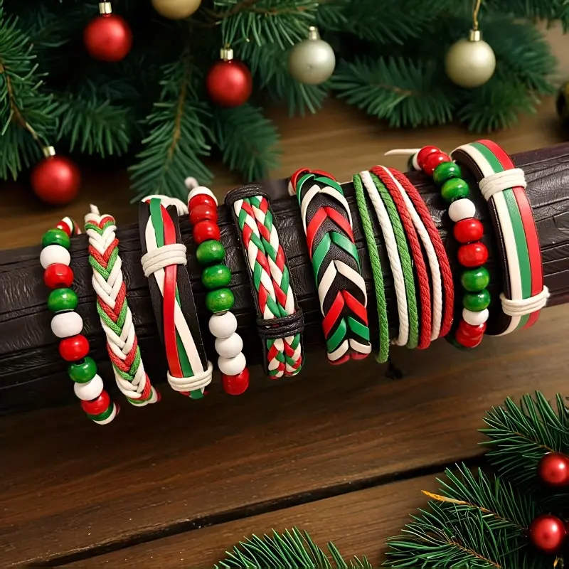 9pcs Retro Handmade Christmas Festival Bracelet Set - Wax Thread, Wood Bead, Artificial Leather Knitting, Unisex Daily Wear Jewelry, Santa's Surprise Gift