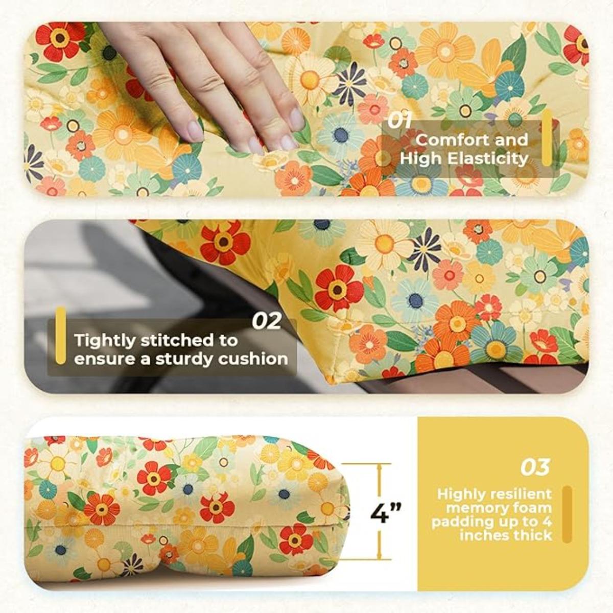 All Weather 3 Pieces Wicker Furniture Chair Cushions, Waterproof Outdoor Wicker Chair Cushion for Patio Furniture Loveseat Settee Bench, 1 Loveseat and 2 U-Shaped Thickened Cushions, Daisy