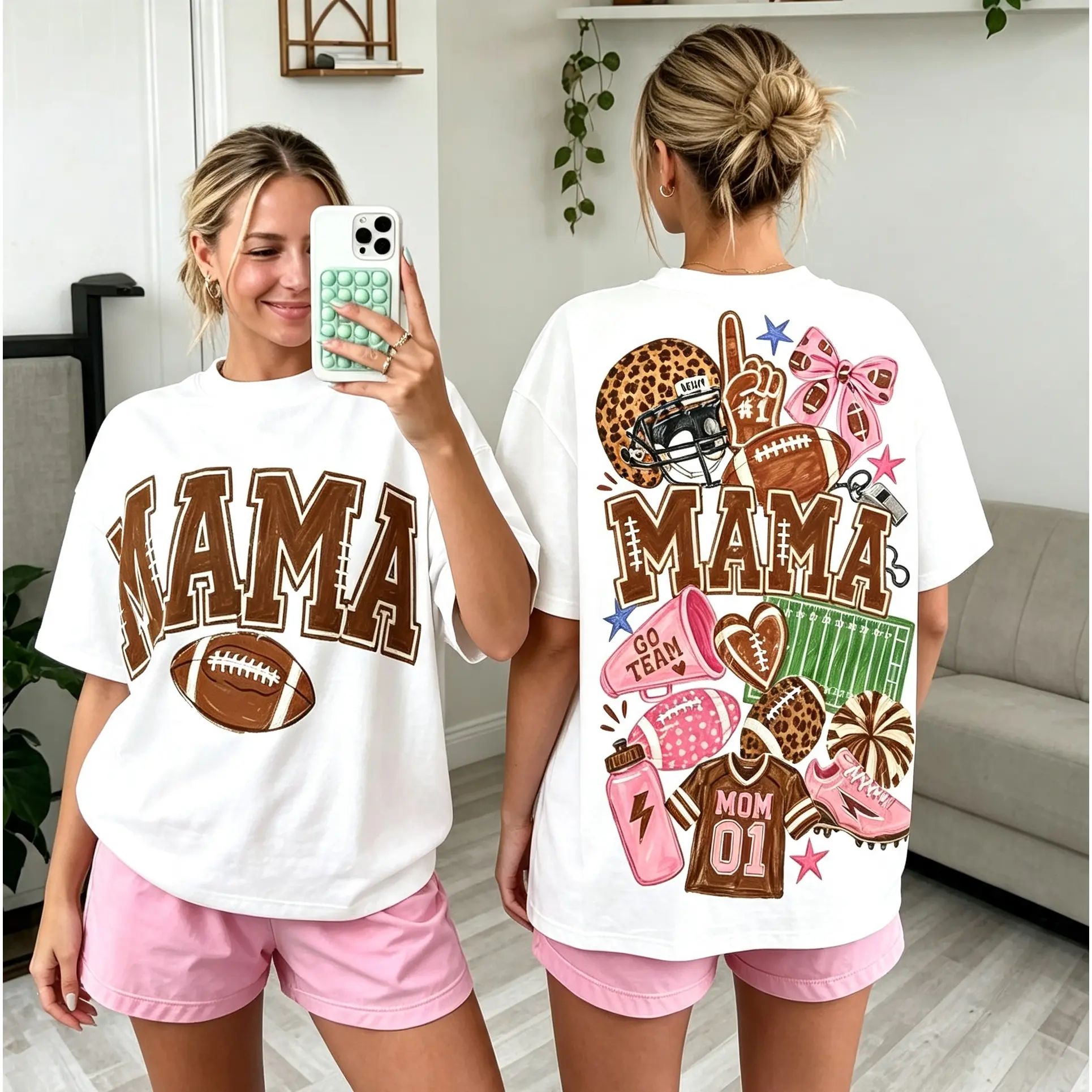 Mama Football Tee, Double‑Sided Print,Cute Game Day Casual T‑Shirt,Coquette Bow & Leopard Print Sports Tee,Thoughtful Gift for Sports Loving Moms and Game Day Enthusiasts#TikTokMadeMeBuyIt#TikTokShop#FootballMamaShirt#CoquetteGameDayTee