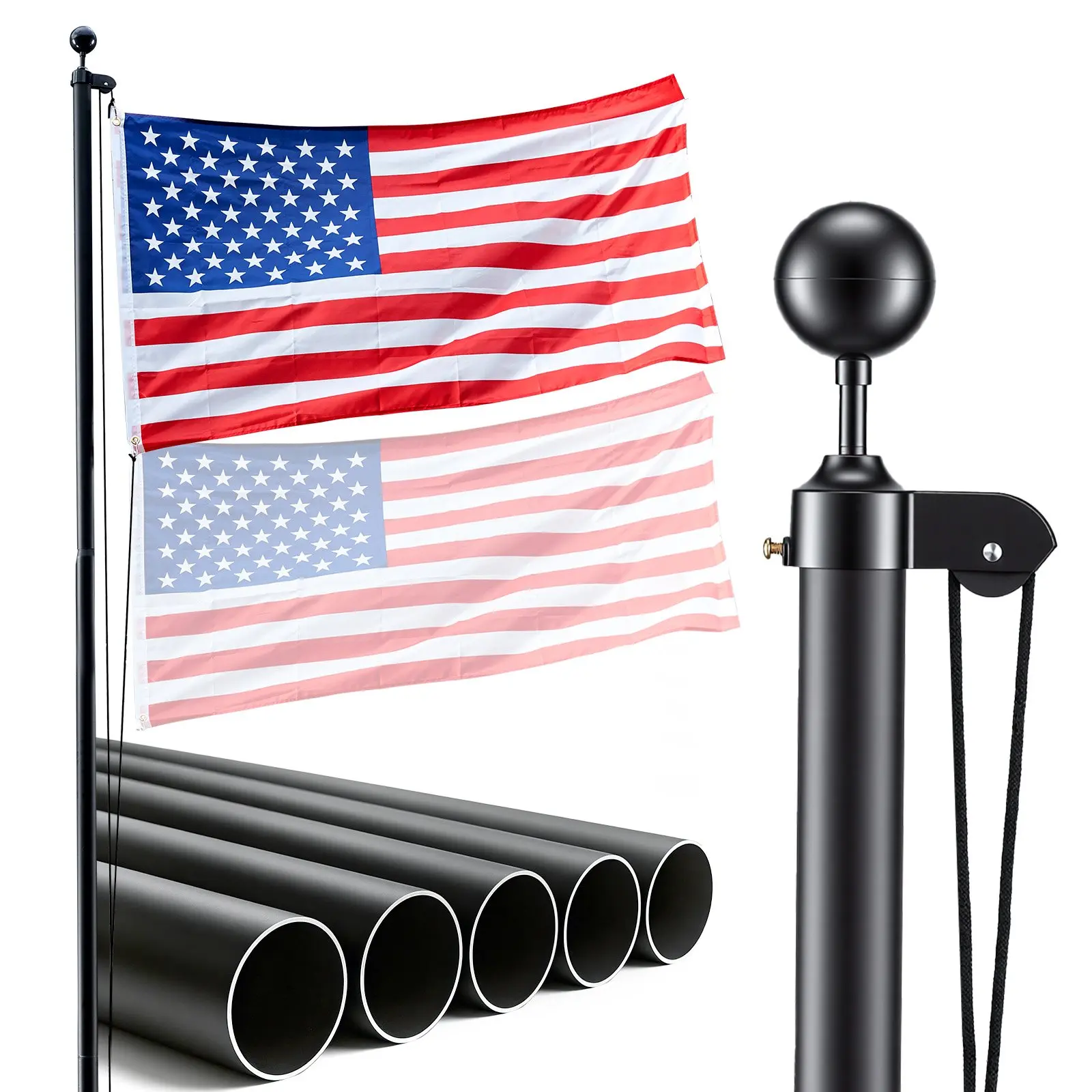 【Summerfinds】VEVOR Flag Pole, 16ft Heavy Duty Sectional Flagpole Kit for Outside House In Ground, Extra Thick Outdoor Aluminum Flagpole Kit with 3x5 American Flag for Yard, Residential or Commercial Use, Black