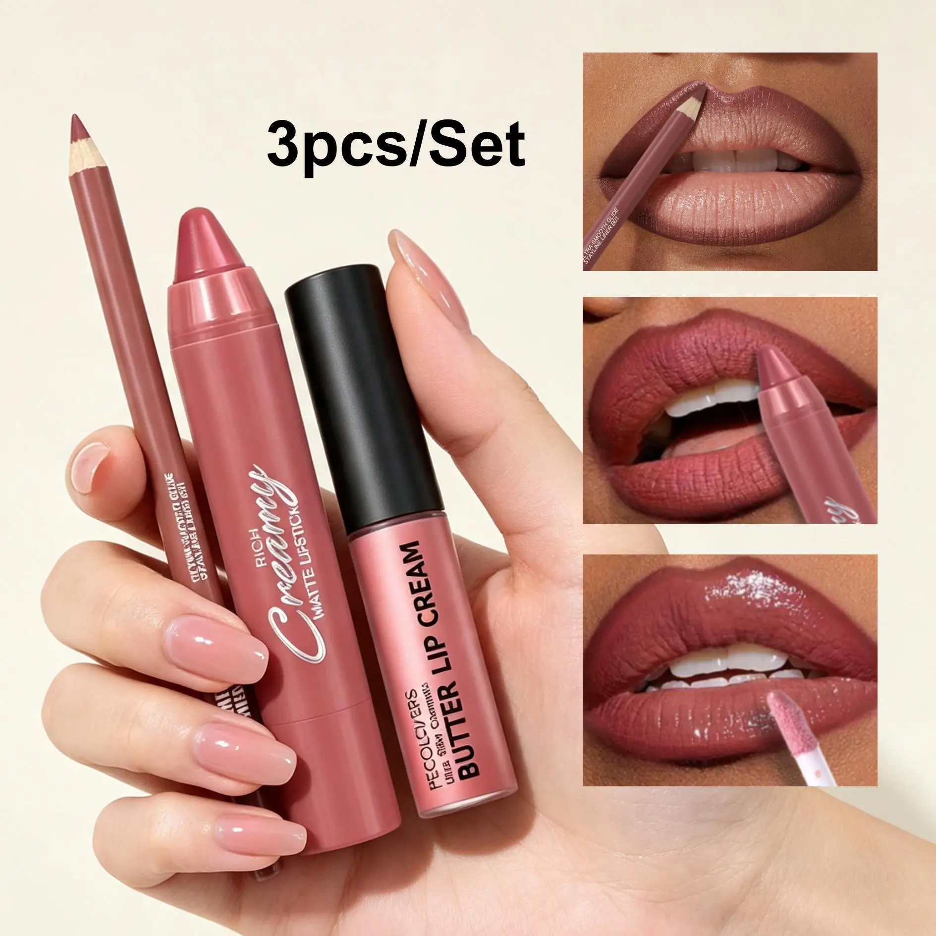 3pcs/set Lip Liner and Lipstick and Lip Gloss Set, 3-Piece Lip Makeup Collection, Waterproof & Transfer-Resistant