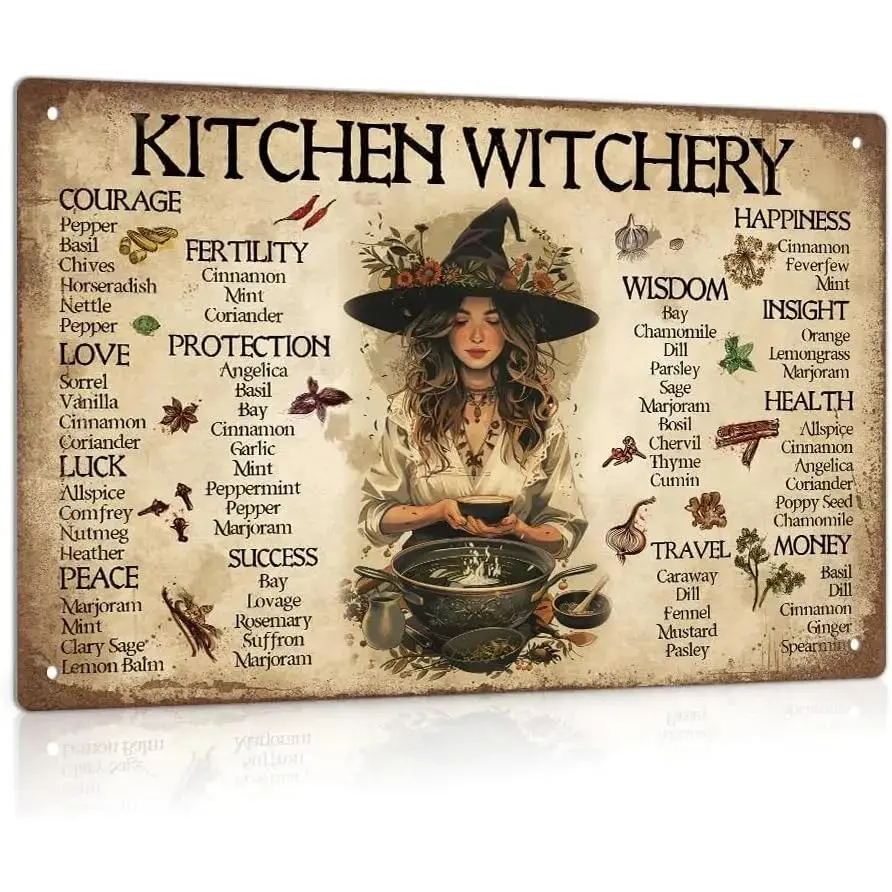 "Kitchen Witchery" Vintage Tin Hanging Decorative Metal Sign - 8x12 in Retro Witch Herb Wall Art for Rustic Kitchen, Pagan Wicca Home Decor