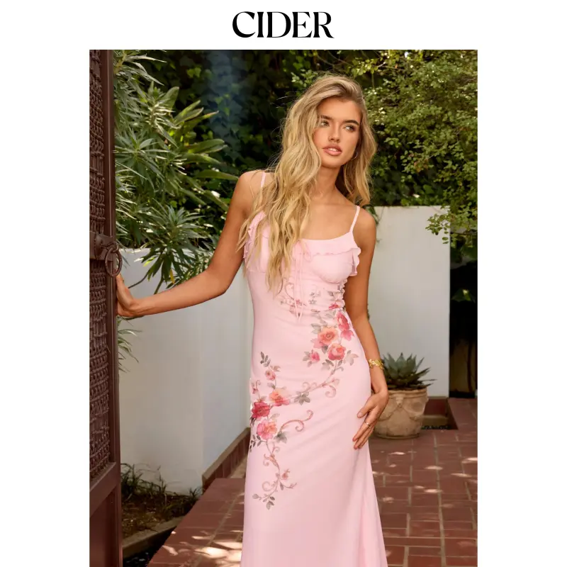 Cider Floral Scoop Neckline Ruffled Mermaid Maxi Dress