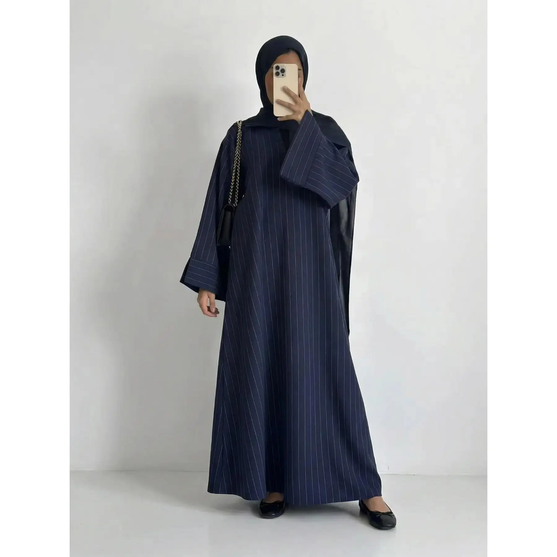 Muslim Women's Loose Striped V Neck Dress Robe, Islamic Clothing, Strong Wrapping, Contains Pockets, No Headscarf, Long Sleeve, Modest Style