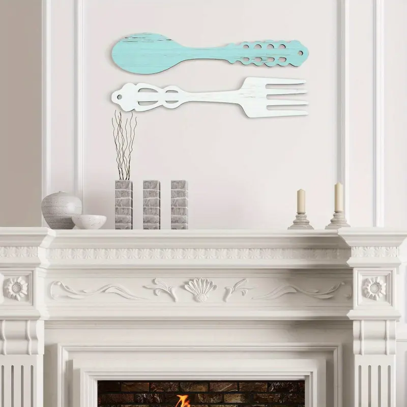2-Pack Large Fork and Spoon Wall Decor, Wooden Spoon-Shaped Wall Sign, Fork-Shaped Hanging Sign, Rustic Kitchen Decor, Suitable for Home Kitchen, Dining Room and Living Room (Light Blue, White)