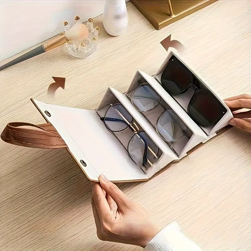 Fashionable Eyeglass Case Durable Faux Leather Material Portable Foldable Eyeglass Case |   Large-capacity multi-compartment glasses storage box with snap closure design, black and white design, unisex, fashionable glasses storage Eye Glasses Holders