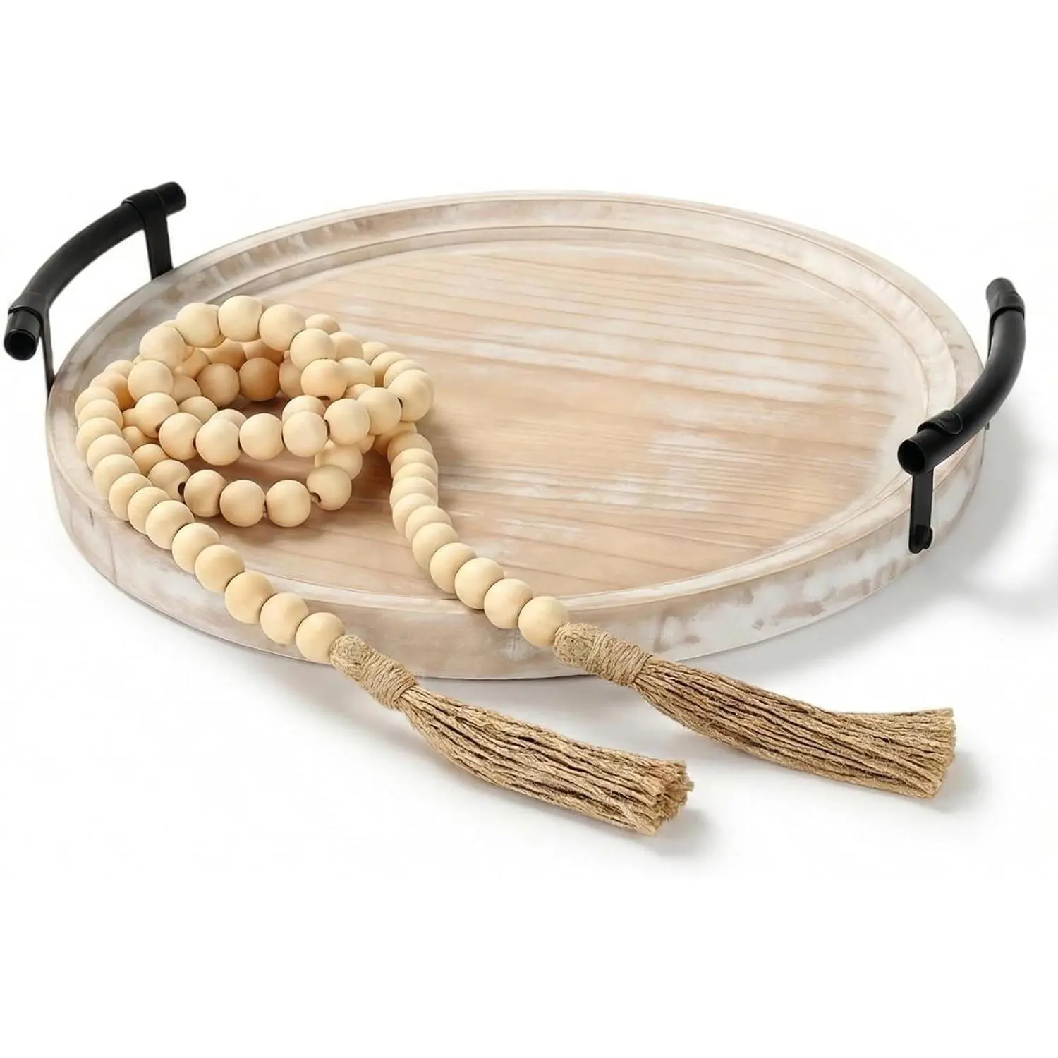 13" Round Decorative Wood Tray with Handles, Whitewashed Farmhouse Style, Includes 58" Bead Garland for Coffee Tables, Kitchen Islands, Entryways & Light OrganizationGift