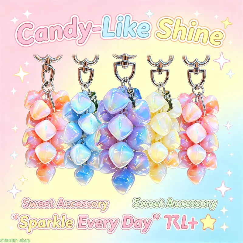 Resin Grape Cluster Keychain Iridescent Gradient Heart Bead Bag Charm With Heart Spring Clasp For Women Handbag Backpack Purse Daily Decor Gift