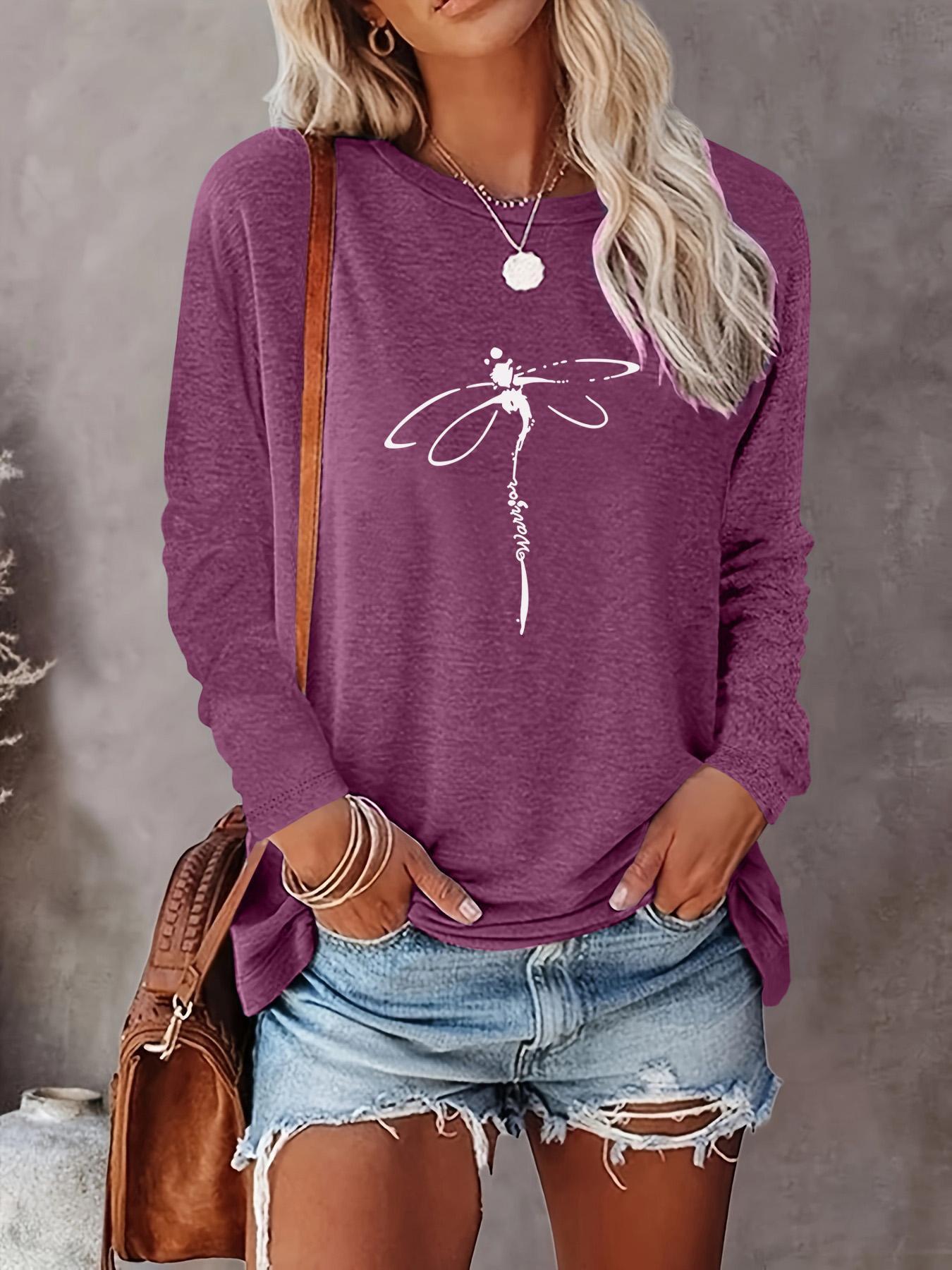 Women's Dragonfly Print Round Neck Tee, Casual Comfort Womenswear Long Sleeve Crew Neck T-shirts for Summer, Fashion Women's Top for Daily Wear