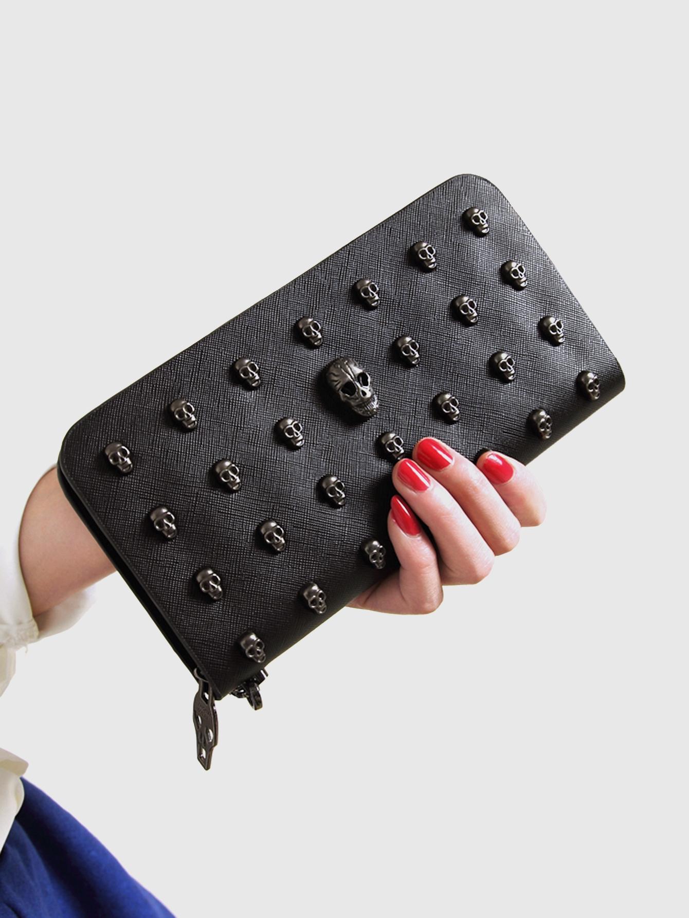 Halloween Black Skull Rivet Coin Wallet, Men's and Women's Wallets, Punk Style Skull Design, Large Capacity Zipper Closure, Wrist Zipper Long Gothic Style Wallet, Durable Travel Accessories