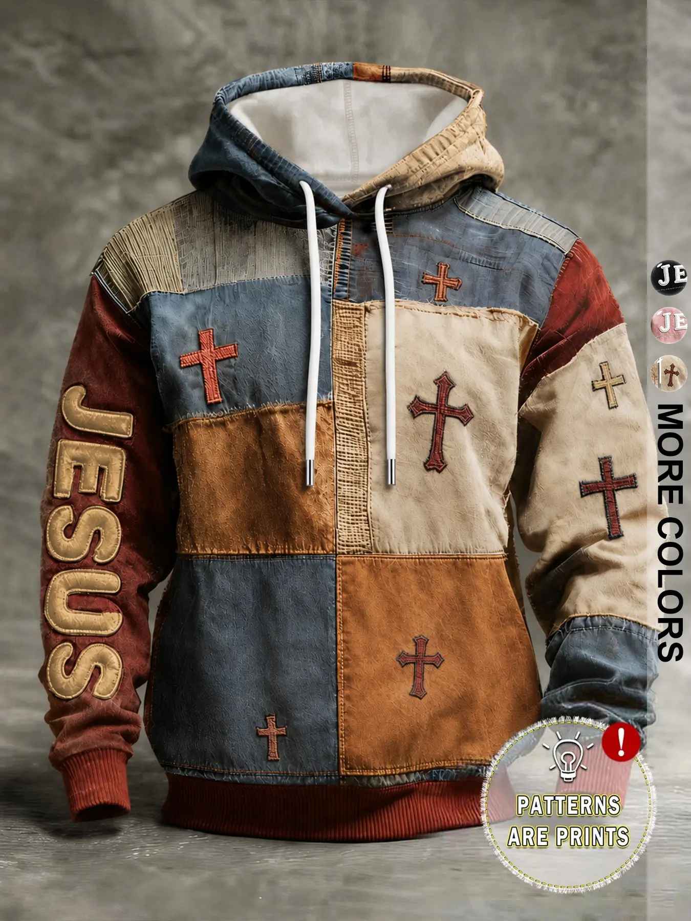Men's Patchwork Hooded Sweatshirt, American Vintage Cross Jesus Letter Print, Loose Fit, Casual Streetwear, All Seasons