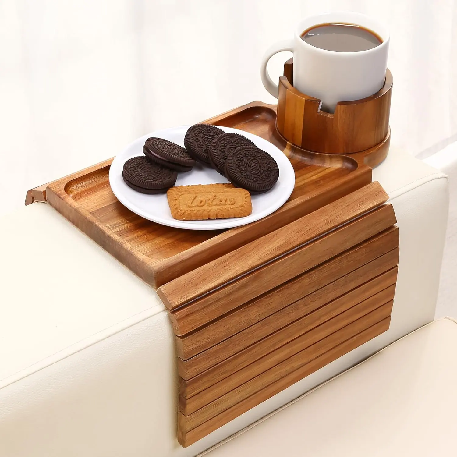 Couch Cup Holder Tray, 2 in 1  Couch Armrest Table Clip  Sofa Armrest Table,Foldable Anti Silp Arm Rest Side Tray for Drink Coffee Mug, Snacks, Remote