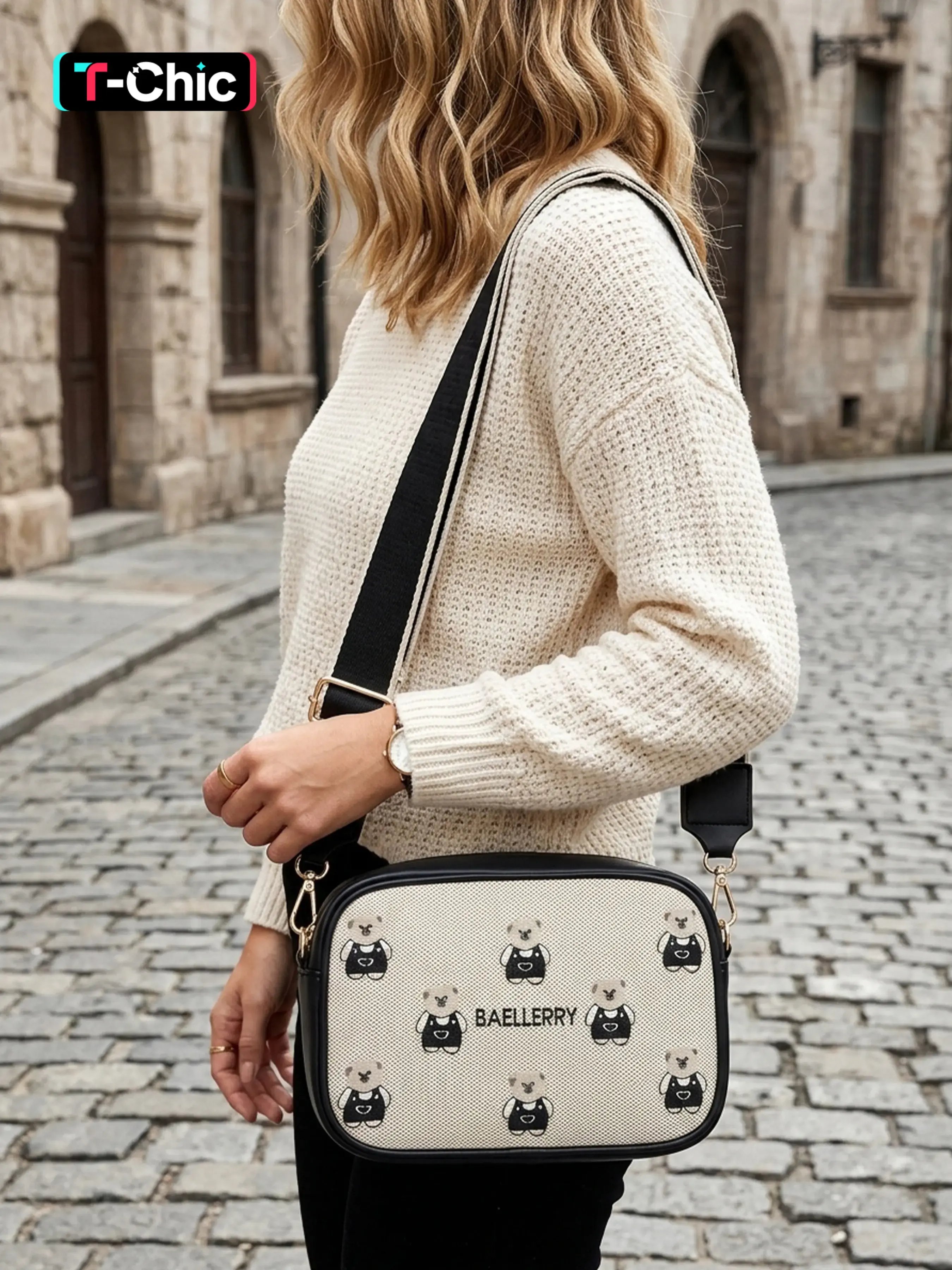 2026 New Bear Embroidery Canvas Camera Bag, Women's Fashion Crossbody Shoulder Bag, Casual Lightweight Small Square Phone Bag