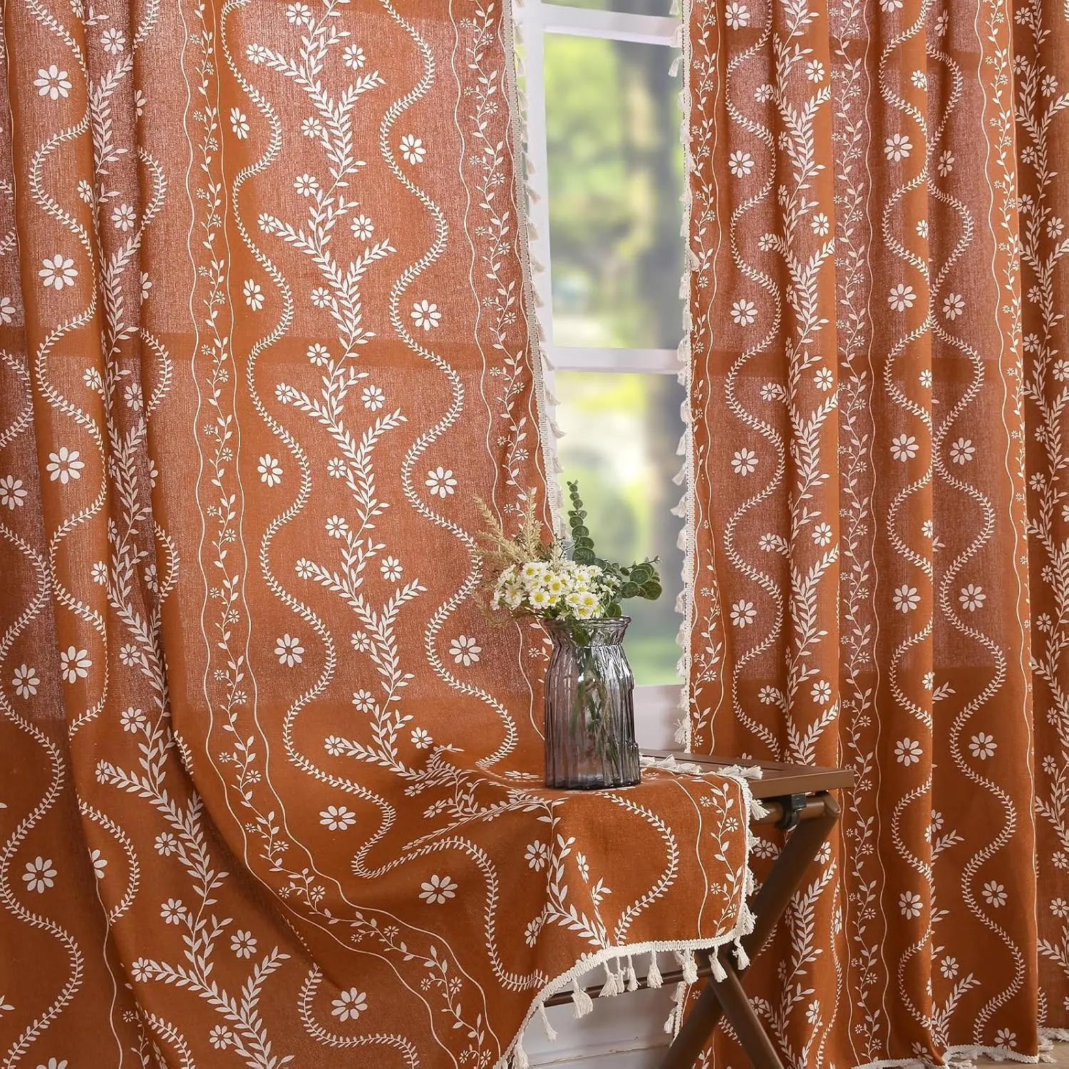 Terracotta Boho Curtains 84 Inches Length 2 Panels for Living Room, Farmhouse Semi Sheer Vintage Tassel Drapes, Cotton Linen Burnt Orange Floral Curtains for Bedroom, Dining Room, OfficeGift