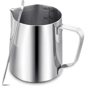 Milk Frothing Pitcher,Milk Steaming Frother Cup,Barista Cappuccino Latte Art Milk Jug with Decorating Pen,Stainless Steel Espresso Coffee Bar Accessories Tools (Silver, 20oz)