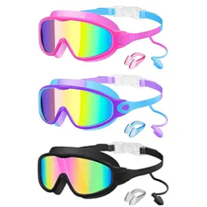 3-Pack Kids Swimming Goggles, Large Frame Wide Vision Swim Glasses with Earplugs & Nose Clip, Anti-Fog UV Protection, Adjustable Comfort Fit Water Goggles Pool Goggles for Boys Girls Ages 3-15