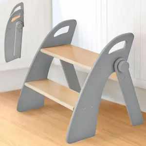 Step Stool for Toddlers, Foldable Wooden 2 Step Stool for Kids, Bamboo Toddler Step Stool for Bathroom Sink & Potty Training, Kitchen Helper with Handles and Non-Slip Pads (Gray)