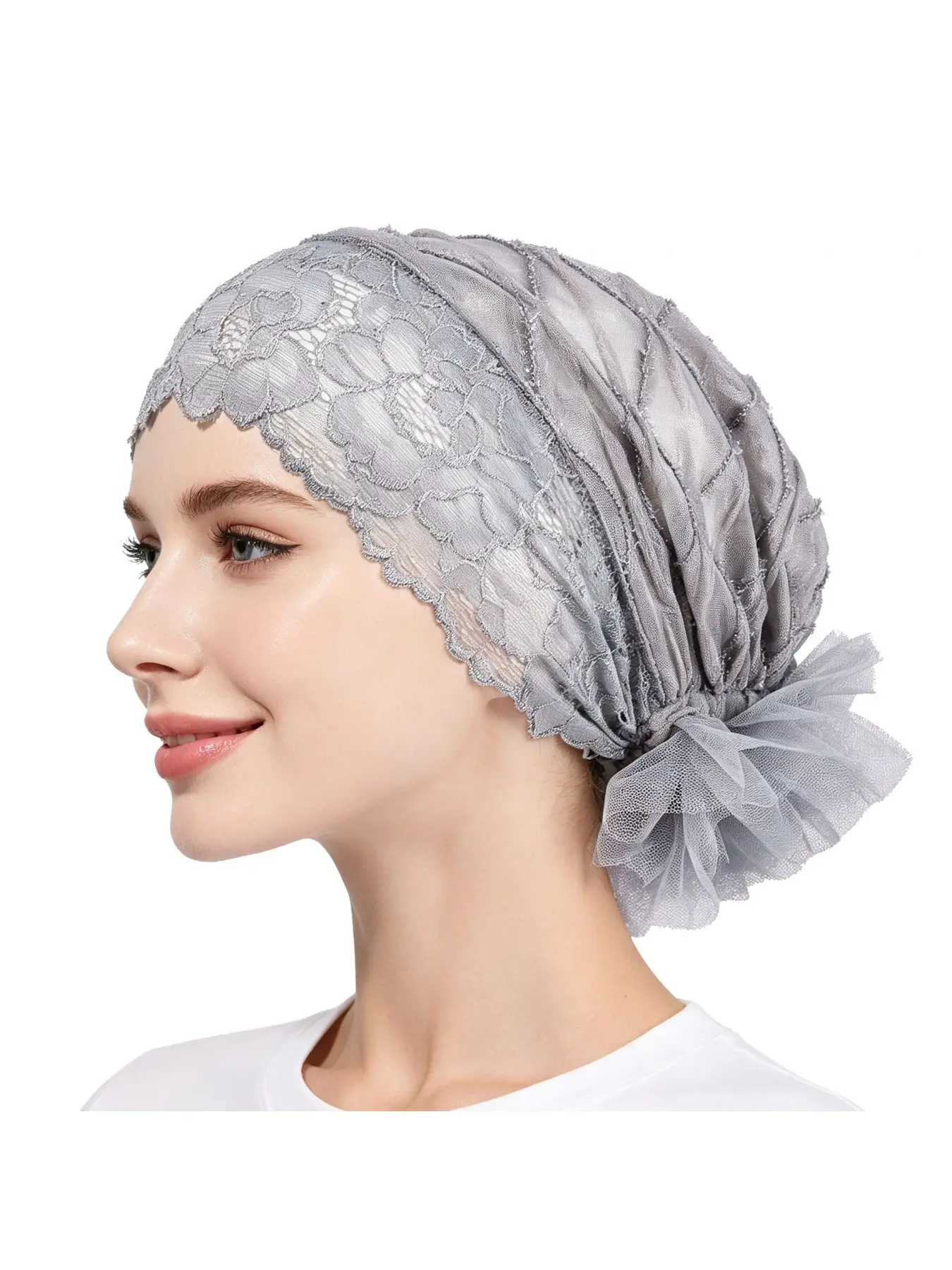 Shiny Yarn Ruffle Lace Elastic Head Wrap, Breathable Sun Protection Soft Muslim Undercap, Chemo Hair Loss Sleep Cap Postpartum Maternity Outdoor Headscarf Bonnets For Sleeping