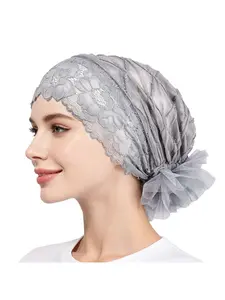 Shiny Yarn Ruffle Lace Elastic Head Wrap, Breathable Sun Protection Soft Muslim Undercap, Chemo Hair Loss Sleep Cap Postpartum Maternity Outdoor Headscarf