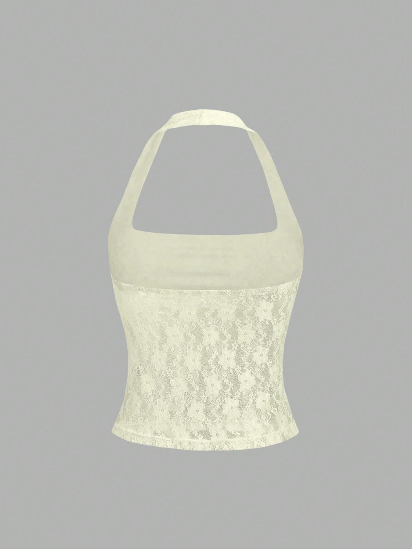 Women's Plain Floral Lace Halter Neck Top, Elegant Sleeveless Top for Party Vacation, Ladies Clothes for Summer, Casual Sleeveless Cami, Womenswear