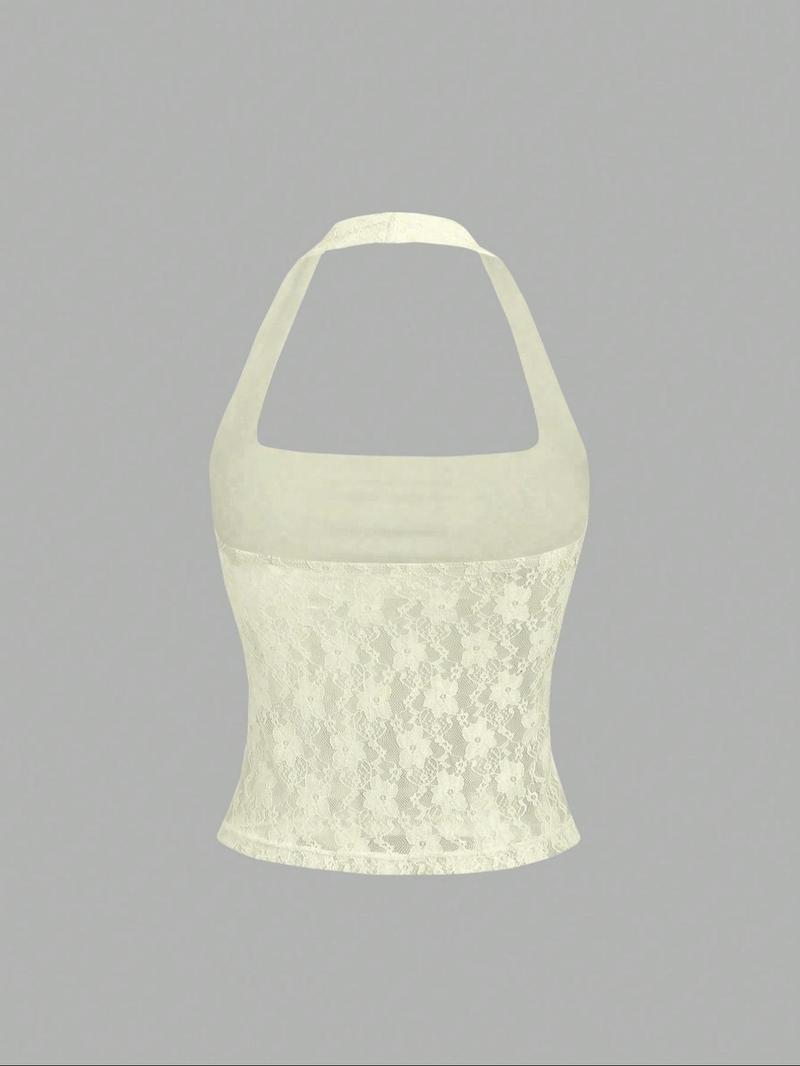 Valentine's Day Women's Plain Floral Lace Halter Neck Top, Elegant Sleeveless Top for Party Holiday Vacation, Ladies Clothes for Summer, Womenswear