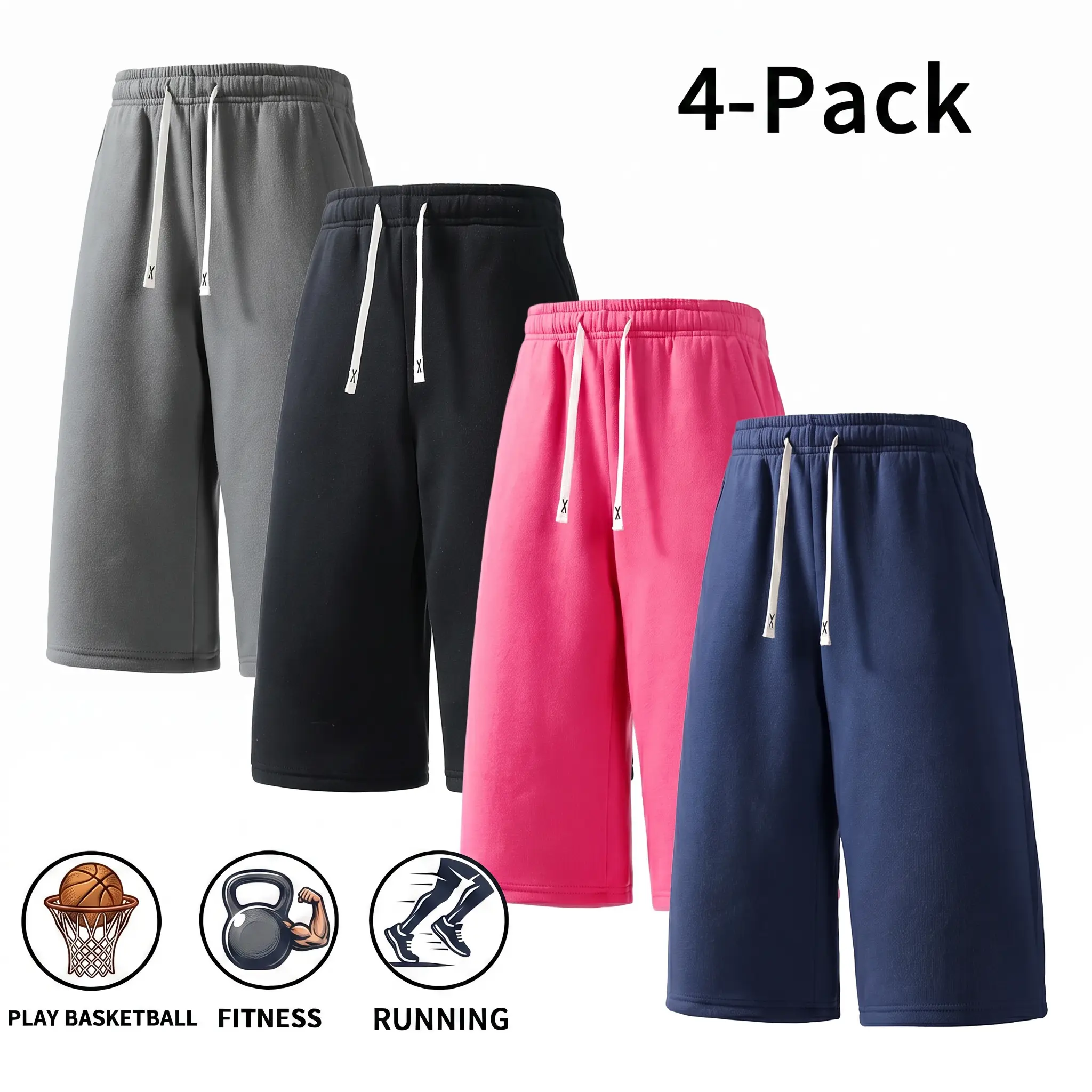 4-Pack Men's Sports Shorts, Multicolor Loose-Fit Stretch & Breathable Basketball Shorts with an Easy Drawstring Waist for Gym & Daily Use, Men's Apparel, Adjustable Stretch Shorts.