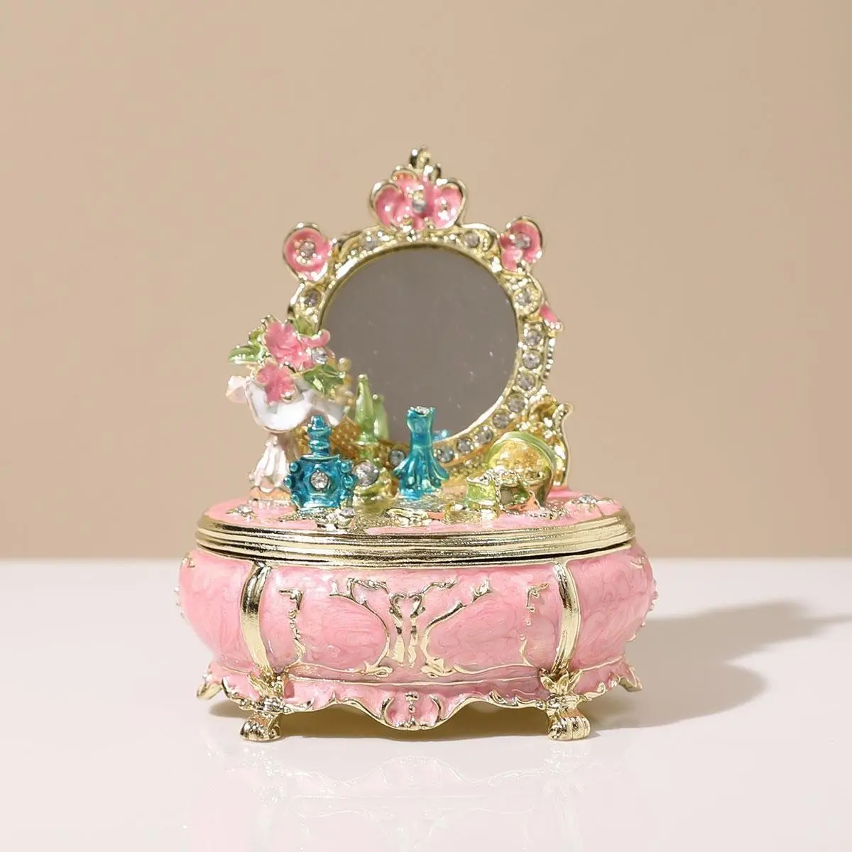 Enamel Decorative Box with Mirror, Handmade Vanity Jewelry Case, Luxury Home Decoration, Gift for Mother's Day and Valentine's Day