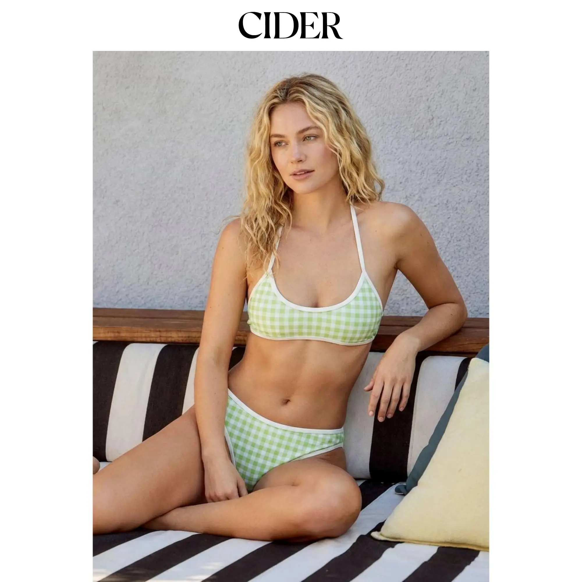 Cider Halter Neckline Gingham Binding Trim Bikini Set