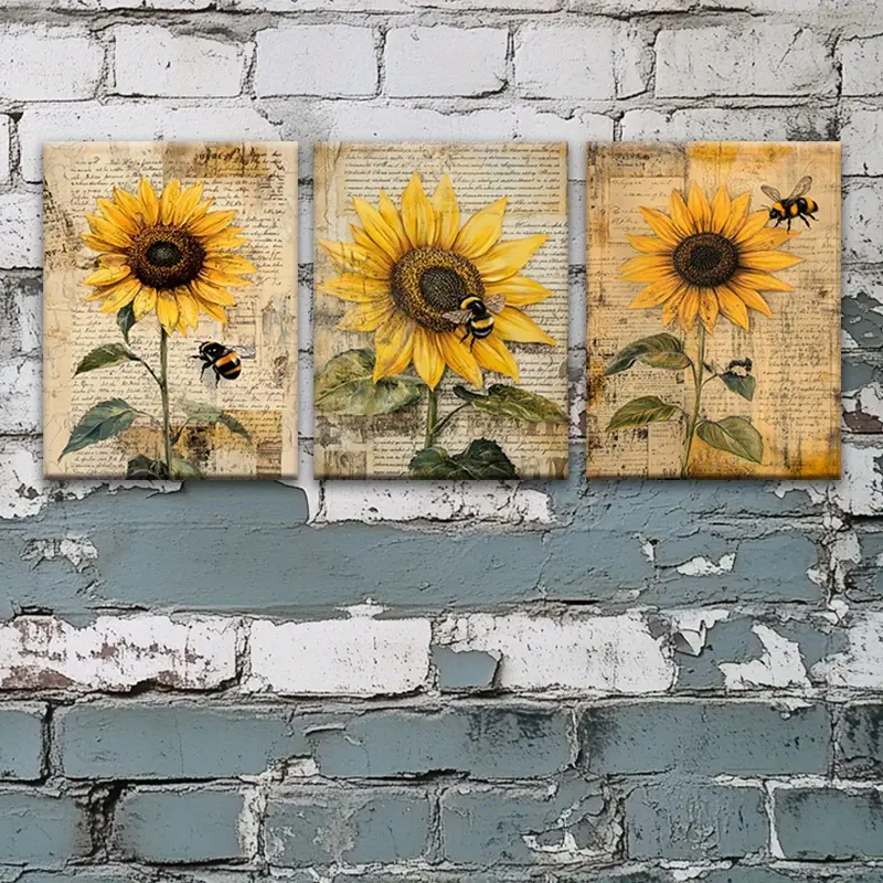 Retro Sunflower Bee 3-Piece Canvas Wall Art Triptych - Set of 3, With Frame, Ready To Hang - Living Room, Bedroom Home Decor - Christmas Gift Idea For Her