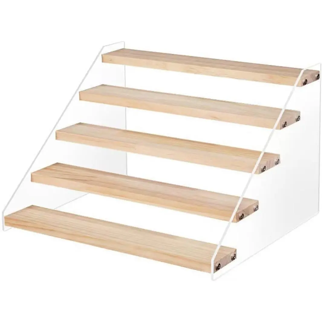 5 Tier  Wooden Display Stand, Clear  Display Riser Shelf  Tiered Display Shelf Rack Step Ladder Riser Stands for Cupcakes Perfumes Figures Collectibles