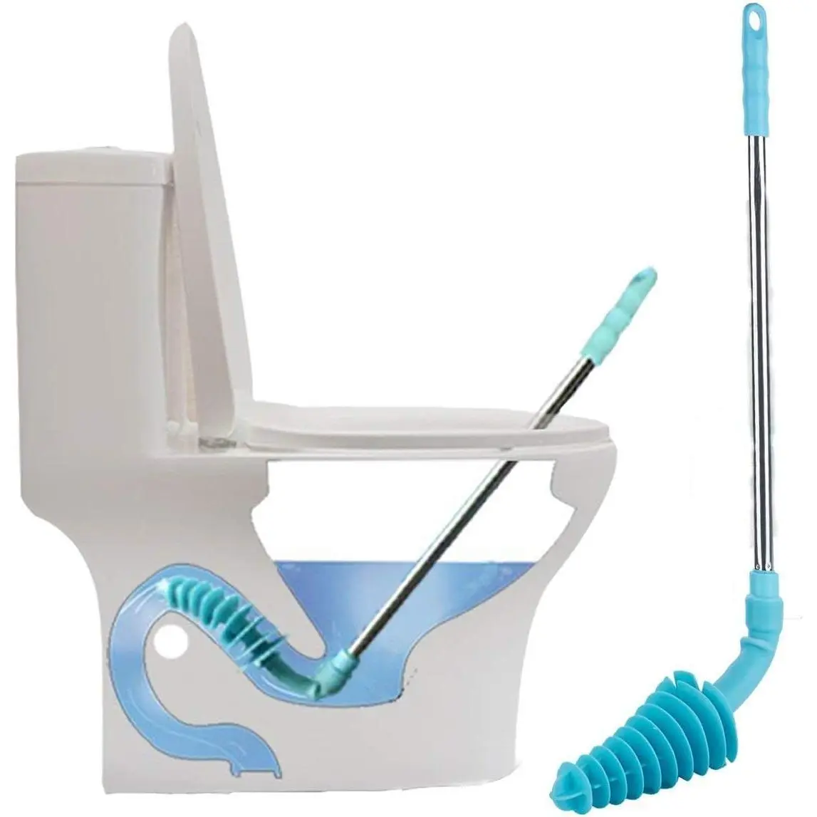 Toilet Plunger, Siphon Type Toilet Clog Remover, Flexible Rubber Head Stainless Steel Handle, Toilet Dredge Tool, Squeegee (Blue)