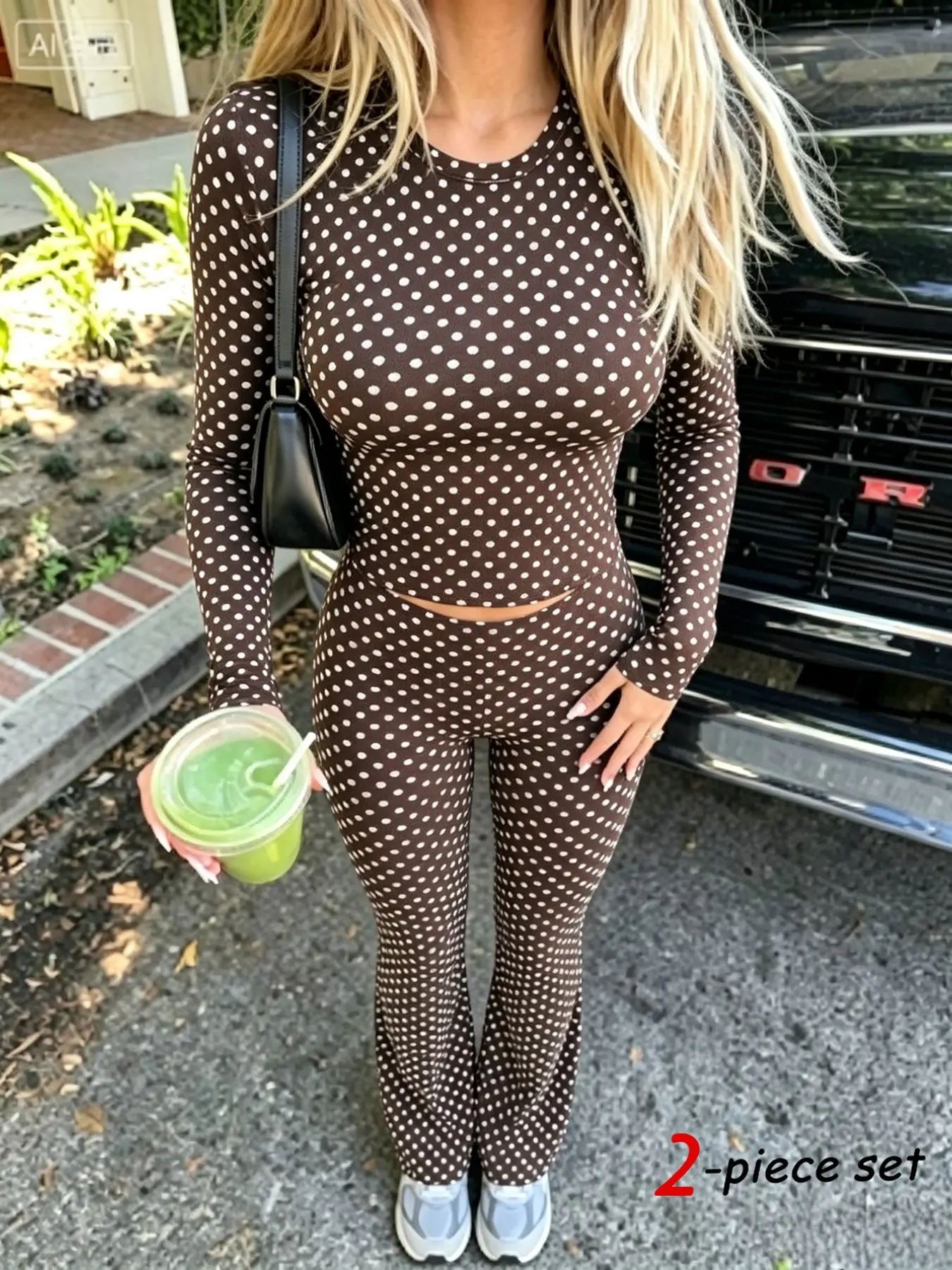 American Street Style Casual Fall 2-Piece Set, Classic Polka Dot Design, Comfortable Lightweight Fabric, Fitted Round Neck Long Sleeve T-Shirt + High-Waisted Flare Pants