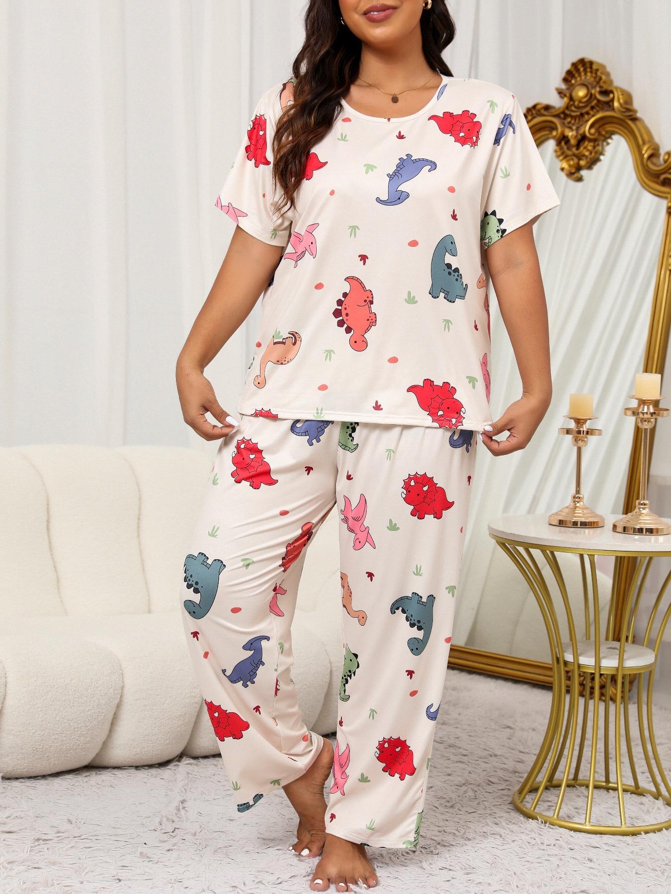 Plus Size Two-Piece Set Cartoon Dinosaur Print Tee & Elastic Pants & Eye Mask Pyjama Set, Casual Short Sleeve T-shirt & Trousers & Eye Cover, Women's Summer Sleepwear