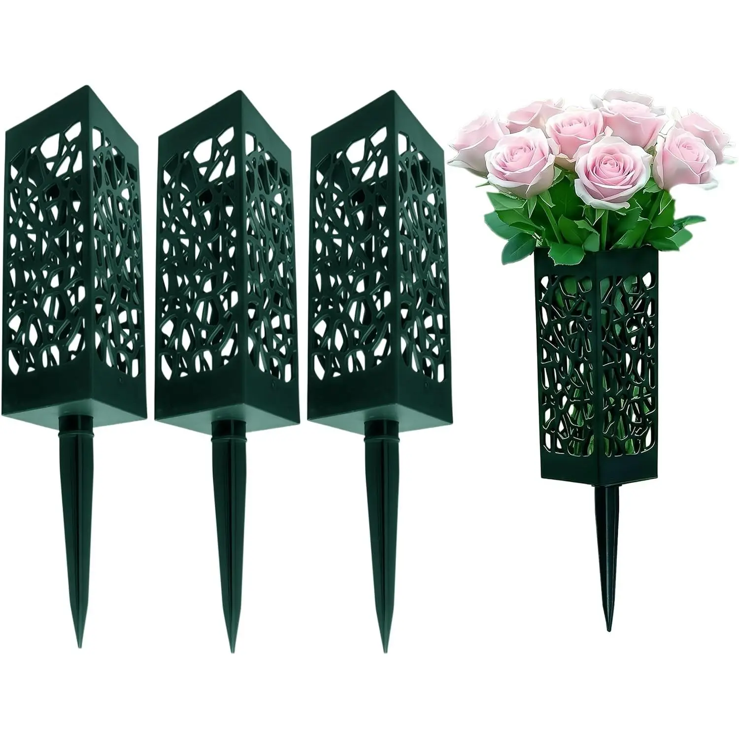 Cemetery Vase, Memorial Floral Vases, Headstones Flower Holder, Flower Pots for Outdoor , Decorative Plastic Containers (Set of 3, Green)