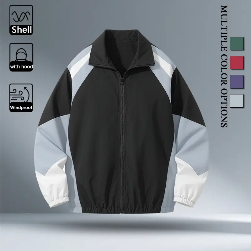 Men Multi Color Block Raglan Stand Collar Windproof Jacket, Built-in Hidden Attached Hood Full Zip Wind Coat, Elastic Cuff & Hem Color Spliced Outerwear for Street Sports Daily Outfits, 5 Color Options