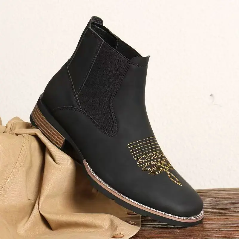 High-top short boots for men, British-style boots, large size, non-slip and wear-resistant, fashionable and versatile, simple embroidered Chelsea boots