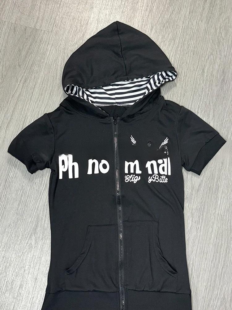 Y2K Subculture Skull Print Zip Cardigan Short Sleeve Women Japan Slim Fit Striped Hoodie Casual Tops Fashion Streetwear Clothes