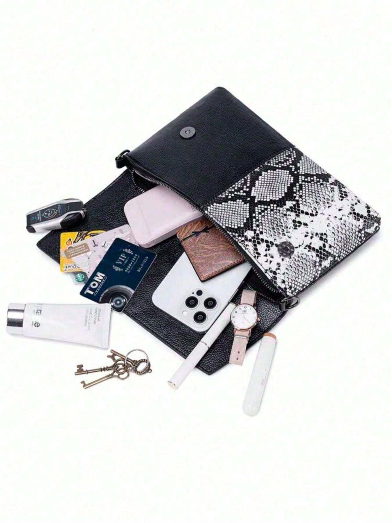 Women's Fashionable Colorblock Snakeskin Embossed Handbag, Elegant Shoulder Bag for Party, Trendy All-match Crossbody Bag for Daily Use, Flap Crossbody Purse