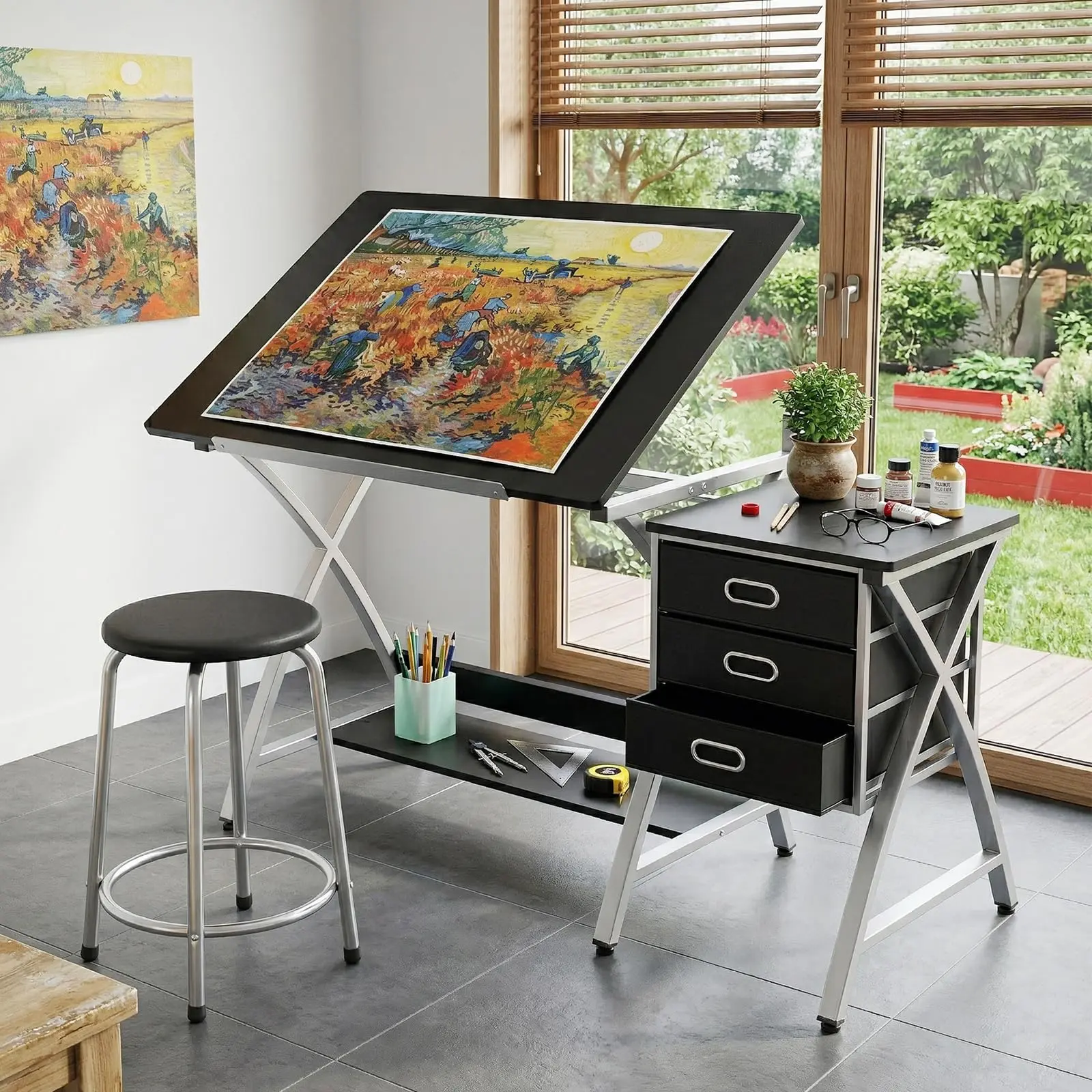 GAOMON Adjustable Rectangular Drafting Table - Tiltable Top Office Furniture with Stool, Storage Drawer, Multi-Angle Workstation for Artists, Home Office Use, Includes Stool