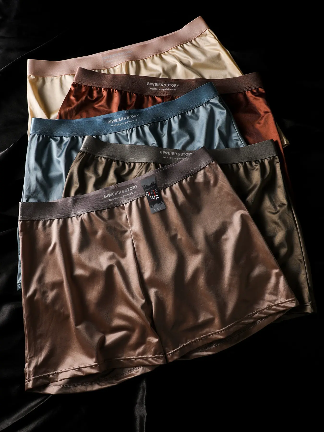 5 pcs BIWEIER Satin Shorts Set, Light Luxury Style, Aesthetic, Soft Comfortable, Men's Flat-Front Underwear, Perfect for Home and Vacation
