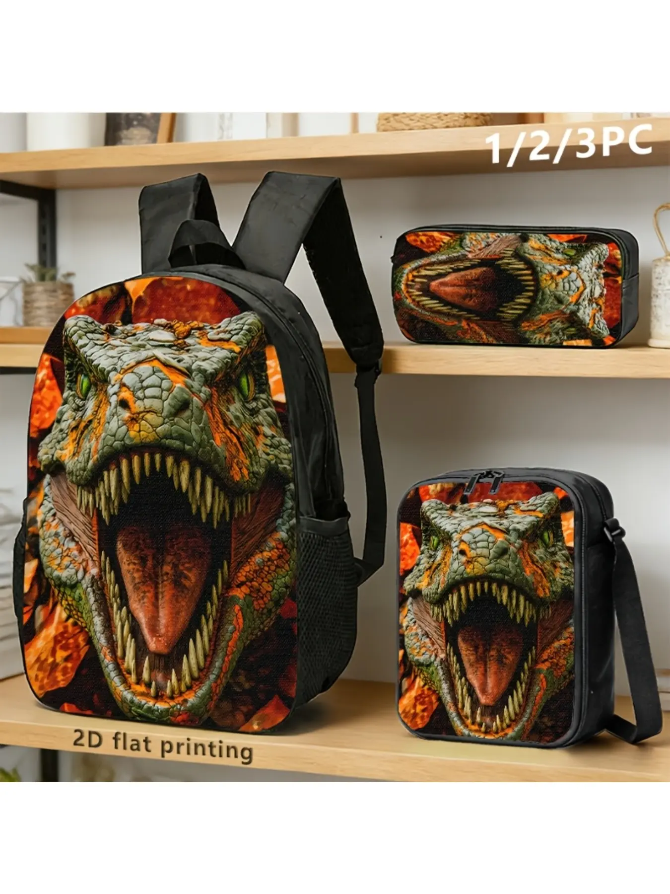 [T-Rex Backpack Set]/3 pieces of T-Rex themed backpack, shoulder bag, and 2D printing bag; Bold design, suitable for fashionable adults commuting, traveling, and outdoor use. ， 2D plane