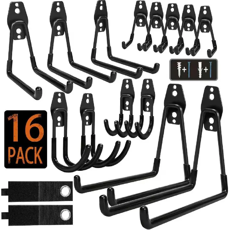 Heavy-Duty Metal Garage Storage Hooks - 16-Pack Anti-Slip Coating Wall Mount J Hooks & Rails for Hanging Bike, Ladder, Heavy-Duty Metal Hooks & Rails
