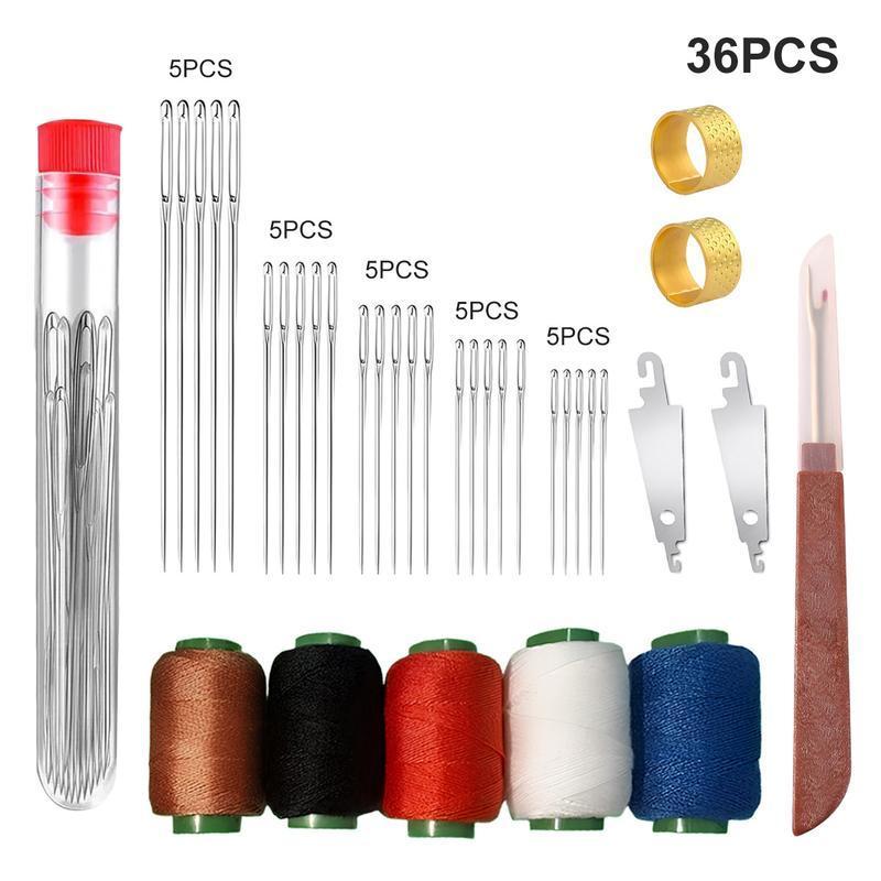 34/36 items Large-eye steel needle set, portable needle and thread, hand repair sewing thread, sewing supplies, including steel needles, sewing thread scissors, needle threaders, sewing thread, thimble, Husif (sewing tool), portable DIY handmade set