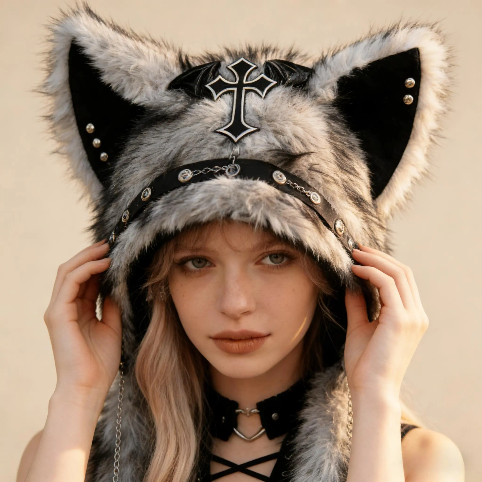Women's Velvet Cat Ear Knitted Hat with Cross Detail, Gothic Y2K Punk Style, Soft Comfortable Slouchy Warm Cap, Fashion Accessory for Cosplay Wear, Valentine's Day Gift