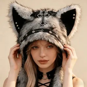 Women's Velvet Cat Ear Knitted Hat with Cross Detail, Gothic Y2K Punk Style, Soft Comfortable Slouchy Warm Cap, Fashion Accessory for Cosplay Wear, Valentine's Day Gift