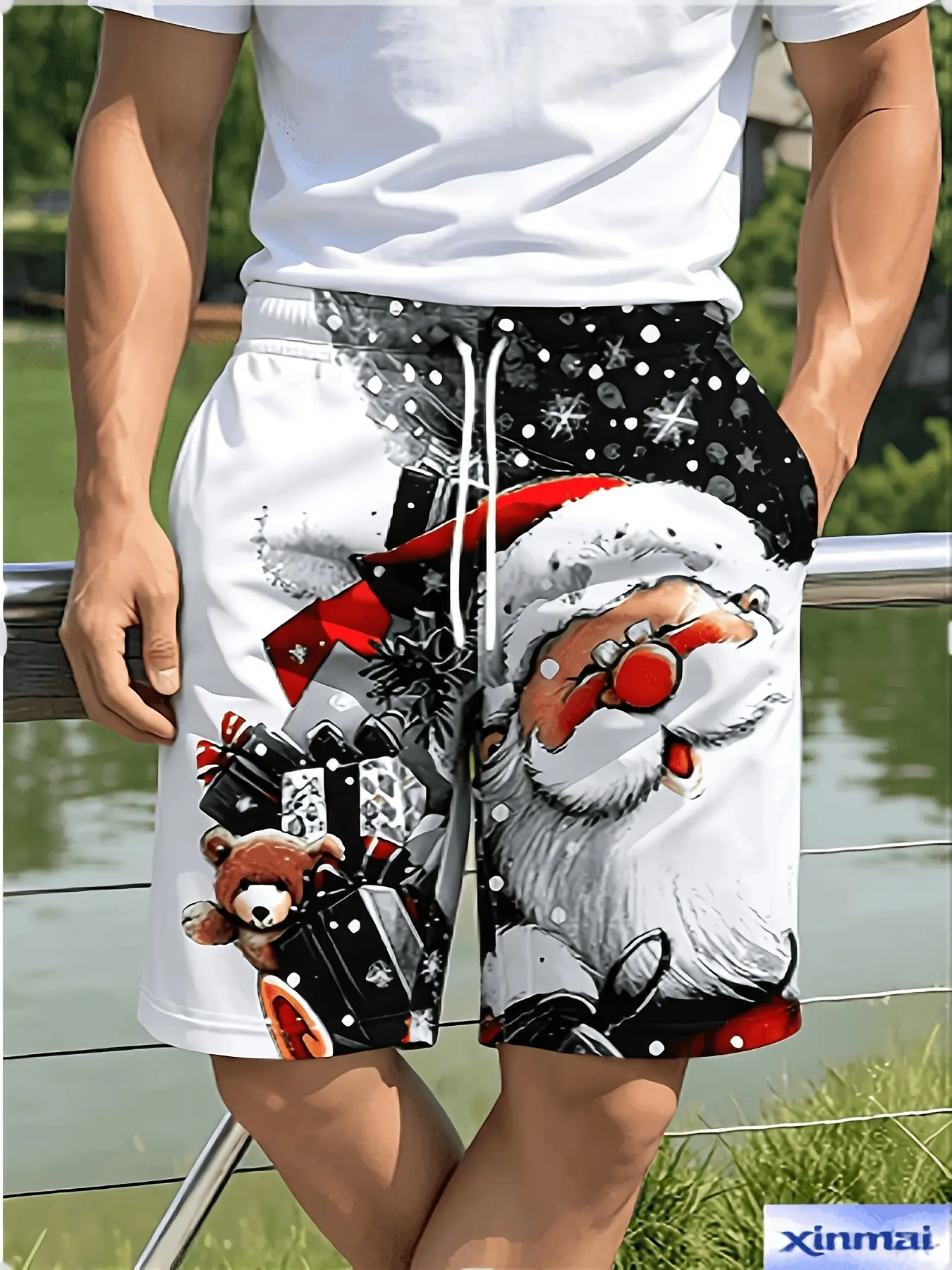Men's Christmas Santa Bear Snowflake Print Shorts, Elastic Waist Drawstring Pockets, Casual Festival Beach Gym Shorts